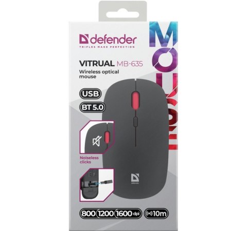Defender Mysz bezprzewodowa Silent Click Vitrual MB-635 RF+BT 1600DPI 4P Defender Mysz bezprzewodowa Silent Click Vitrual MB-635 RF+BT 1600DPI 4P