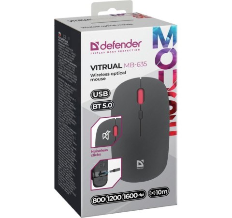 Defender Mysz bezprzewodowa Silent Click Vitrual MB-635 RF+BT 1600DPI 4P Defender Mysz bezprzewodowa Silent Click Vitrual MB-635 RF+BT 1600DPI 4P