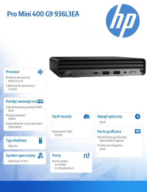 HP Inc. Komputer 400Mini G9Ri5-13500T 8GB/512GB/W11P 936L3EA HP Inc. Komputer 400Mini G9Ri5-13500T 8GB/512GB/W11P 936L3EA