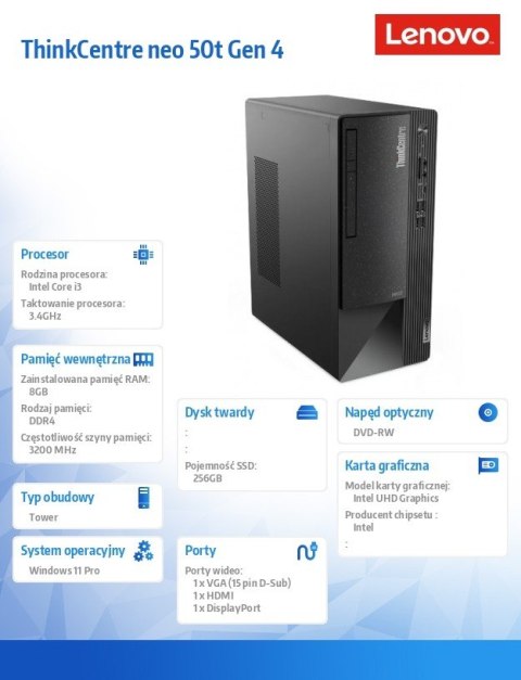 Lenovo Komputer ThinkCentre Neo 50t G4 TWR 12JB003GPB W11Pro i3-13100/8GB/256GB/INT/DVD/3YRS OS