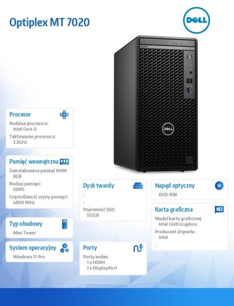 Dell Komputer Optiplex MT/Core i3-14100/8GB/512GB SSD/Integrated/DVD RW/No Wifi/Kb/Mouse/W11Pro Dell Komputer Optiplex MT/Core i3-14100/8GB/512GB SSD/Integrated/DVD RW/No Wifi/Kb/Mouse/W11Pro