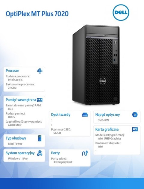Dell Komputer Optiplex Plus MT/Core i7-14700/8GB/512GB SSD/Integrated/DVD RW/Wireless Kb & Mouse/W11Pro/vPro Dell Komputer Optiplex Plus MT/Core i7-14700/8GB/512GB SSD/Integrated/DVD RW/Wireless Kb & Mouse/W11Pro/vPro