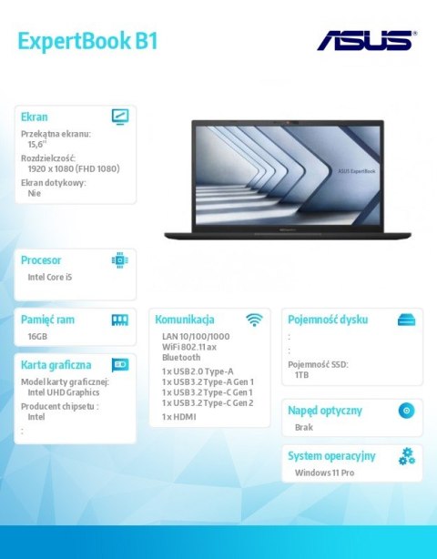 Asus Notebook ExpertBook B1 B1502CVA-BQ1516X - i5-1335U/16GB/1TB/15.6" FHD/Win 11 PRO/3YRS