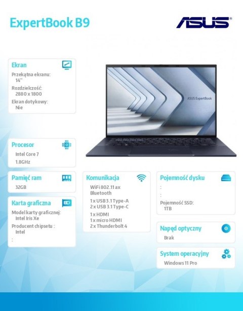 Asus Notebook ExpertBook B9 B9403CVAR-KM0682X - 7 150U/32GB/1TB/14 cali WQXGA+ OLED/Win 11 PRO/3YRS