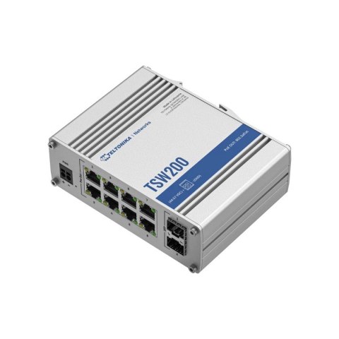 TELTONIKA Przełącznik przemysłowy TSW200 2xSFP 8xGigabit Ethernet 8xPoE+DIN TELTONIKA Przełącznik przemysłowy TSW200 2xSFP 8xGigabit Ethernet 8xPoE+DIN