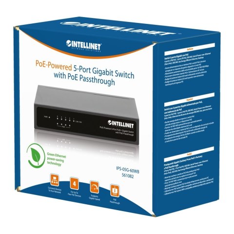 Intellinet Switch Gigabit 5xPoE Passthrough zasilany PoE lub AC,68W