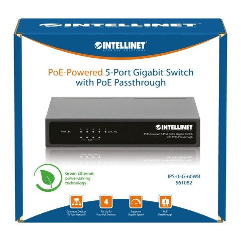 Intellinet Switch Gigabit 5xPoE Passthrough zasilany PoE lub AC,68W