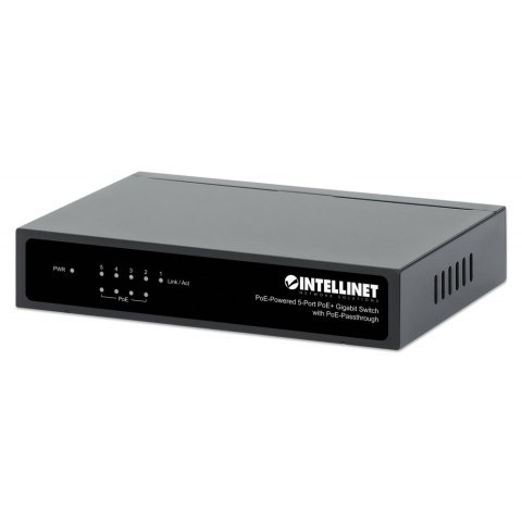 Intellinet Switch Gigabit 5xPoE Passthrough zasilany PoE lub AC,68W