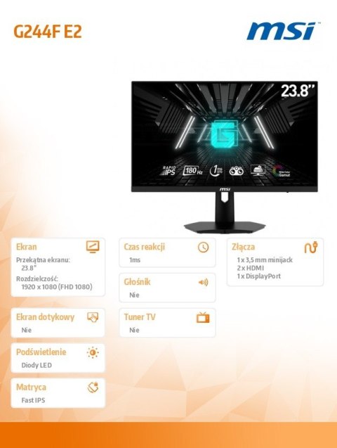 MSI Monitor G244F E2 23,8 cala/LED/FHD/Flat/180Hz/Black MSI Monitor G244F E2 23,8 cala/LED/FHD/Flat/180Hz/Black