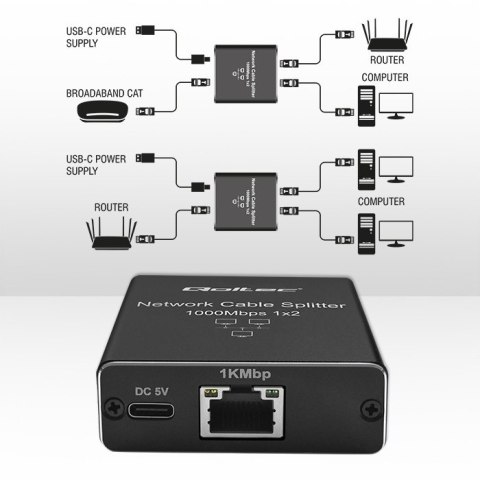 Qoltec Rozdzielacz Splitter mini SWITCH 1x2 port RJ45 | 1000Mbps | USB-C| Aluminium Qoltec Rozdzielacz Splitter mini SWITCH 1x2 port RJ45 | 1000Mbps | USB-C| Aluminium