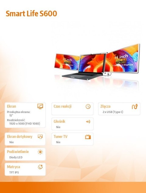Extralink Przenośne monitory do laptopa Smart Life S600 15 cali, 2 monitory IPS, 1080p Full HD Extralink Przenośne monitory do laptopa Smart Life S600 15 cali, 2 monitory IPS, 1080p Full HD