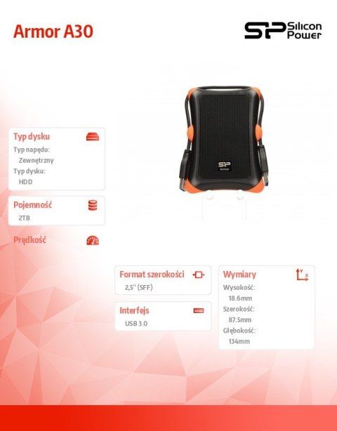 Silicon Power ARMOR A30 2TB USB 3.0 BLACK-ORANGE / PANCERNY / wstrząsoodporny