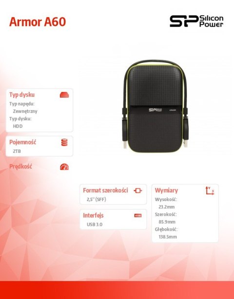 Silicon Power ARMOR A60 2TB USB 3.0 BLACK-GREEN/PANCERNY wstrząso/pyło i wodoodporny