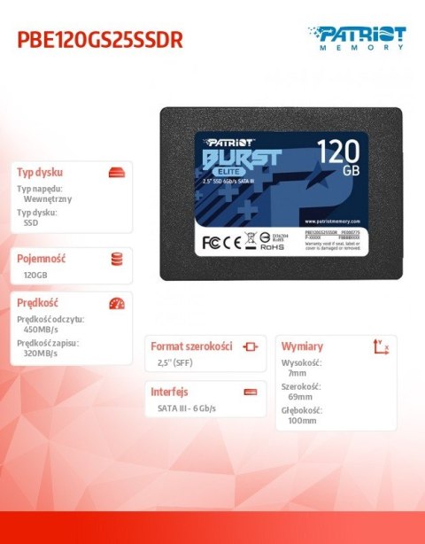Patriot Dysk SSD 120GB Burst Elite 450/320MB/s SATA III 2.5 Patriot Dysk SSD 120GB Burst Elite 450/320MB/s SATA III 2.5