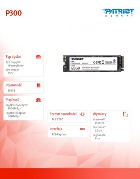 Patriot Dysk SSD P300 128GB M.2 PCIe Gen 3 x4 1600/600 Patriot Dysk SSD P300 128GB M.2 PCIe Gen 3 x4 1600/600