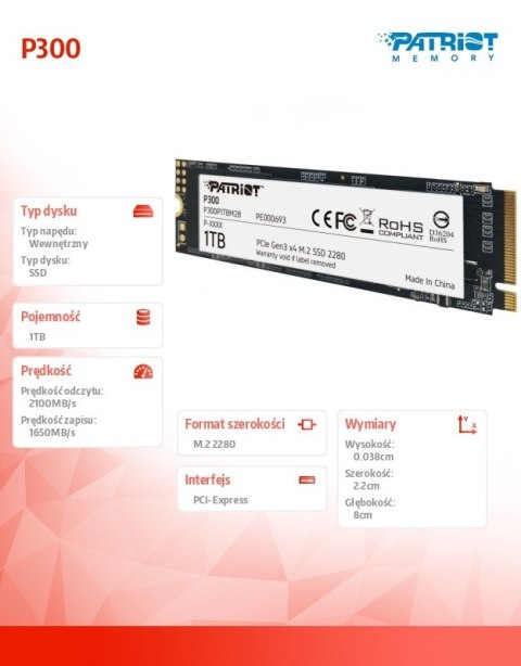 Patriot Dysk SSD P300 1TB M.2 PCIe Gen 3 x4 2100/1650 Patriot Dysk SSD P300 1TB M.2 PCIe Gen 3 x4 2100/1650