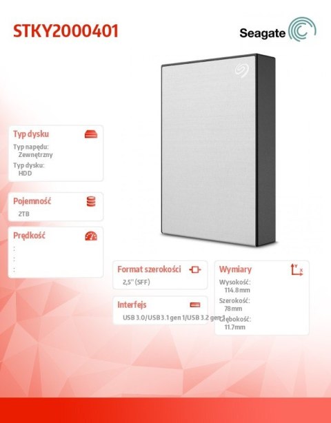 Seagate Dysk One Touch 2TB 2,5 STKY2000401 srebrny