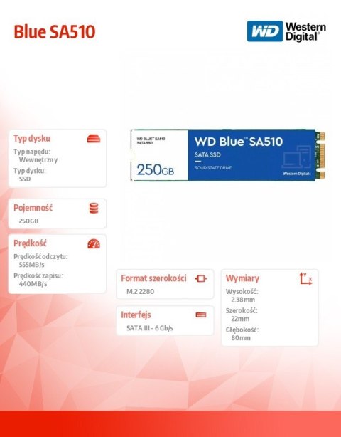 Western Digital Dysk SSD Blue 250GB SA510 M.2 2280 WDS250G3B0B Western Digital Dysk SSD Blue 250GB SA510 M.2 2280 WDS250G3B0B