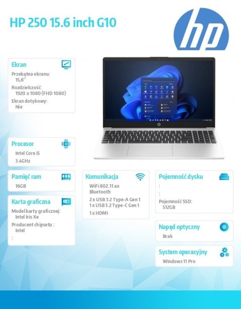 HP Inc. Notebook 250 G10 i5-1334U 512GB/16GB/W11Pro/15.6 cali AL0E7AT HP Inc. Notebook 250 G10 i5-1334U 512GB/16GB/W11Pro/15.6 cali AL0E7AT