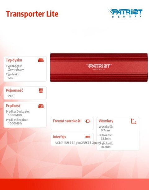 Patriot Dysk SSD 2TB Transporter Lite 1000/1000 MB/s Type-C Patriot Dysk SSD 2TB Transporter Lite 1000/1000 MB/s Type-C
