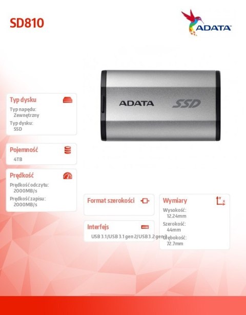 Adata Dysk SSD External SD810 4TB USB3.2C 20Gb/s srebrny Adata Dysk SSD External SD810 4TB USB3.2C 20Gb/s srebrny