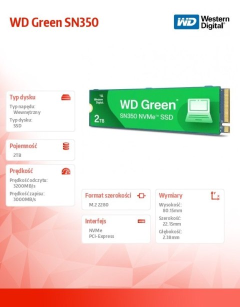 Western Digital Dysk SSD Green 2TB M.2 2280 SN350 NVMe PCIe Western Digital Dysk SSD Green 2TB M.2 2280 SN350 NVMe PCIe