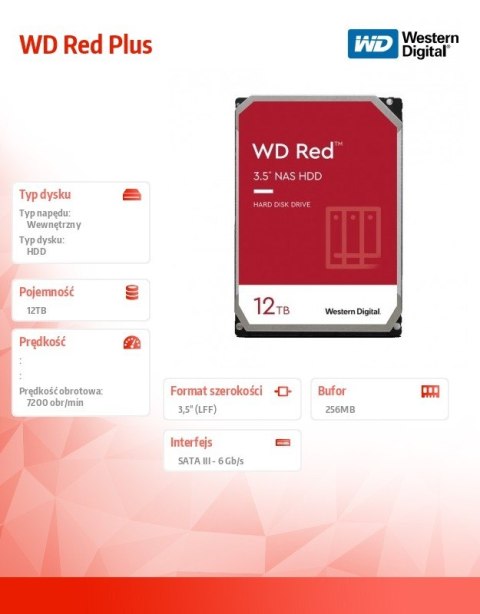 Western Digital Dysk 3,5 cala WD Red Plus 12TB CMR 256MB/7200RPM Class Western Digital Dysk 3,5 cala WD Red Plus 12TB CMR 256MB/7200RPM Class