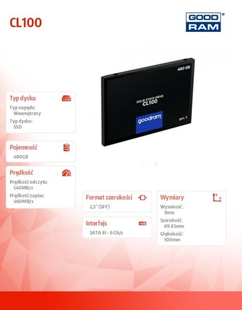 GOODRAM Dysk CL100 G3 480GB SATA3 2,5 GOODRAM Dysk CL100 G3 480GB SATA3 2,5