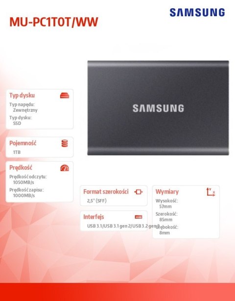 Samsung Dysk Portable T7 1TB USB3.2 GEN.2 szary Samsung Dysk Portable T7 1TB USB3.2 GEN.2 szary