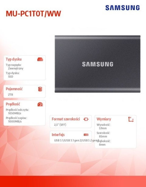 Samsung Dysk Portable T7 2TB USB3.2 GEN.2 szary Samsung Dysk Portable T7 2TB USB3.2 GEN.2 szary