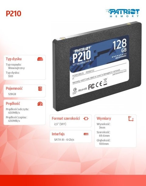 Patriot Dysk SSD 128GB P210 450/430 MB/s SATA III 2.5 Patriot Dysk SSD 128GB P210 450/430 MB/s SATA III 2.5