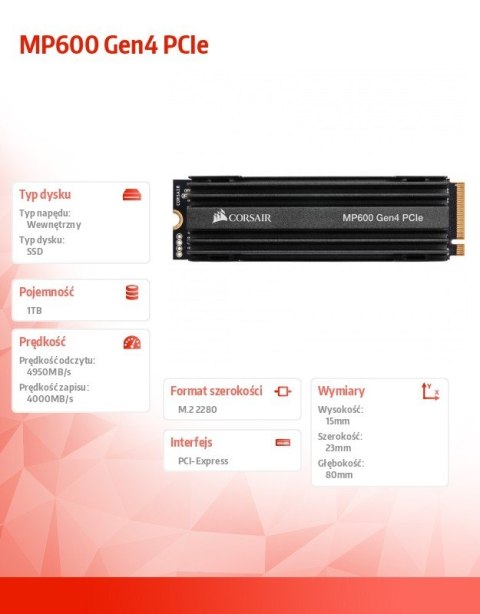 Corsair Dysk SSD 1TB MP600 Series 4950/4000 MB/s PCIe M.2 Corsair Dysk SSD 1TB MP600 Series 4950/4000 MB/s PCIe M.2