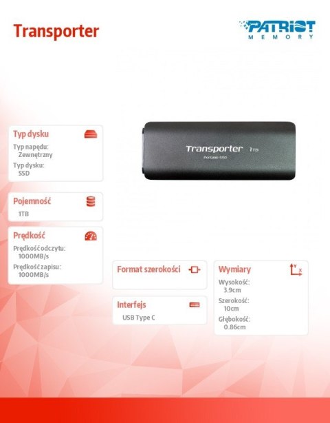 Patriot Dysk SSD 1TB Transporter 1000/1000 MB/s Type-C
