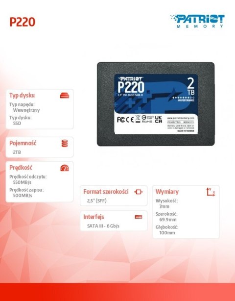 Patriot Dysk SSD 2TB P220 2.5 inches 550/500MB/s SATA III Patriot Dysk SSD 2TB P220 2.5 inches 550/500MB/s SATA III