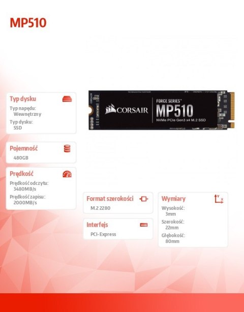 Corsair Dysk SSD 480GB MP510B Series 3480/2000 MB/s PCIe M.2 Corsair Dysk SSD 480GB MP510B Series 3480/2000 MB/s PCIe M.2