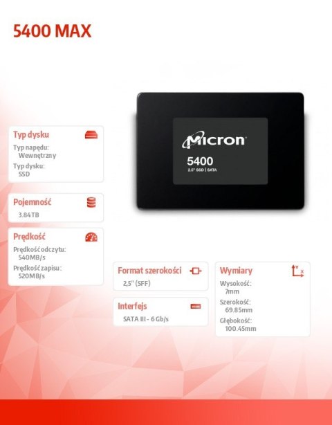 Micron Dysk SSD 5400 MAX 3840GB SATA 2.5 7mm Single Pack Micron Dysk SSD 5400 MAX 3840GB SATA 2.5 7mm Single Pack