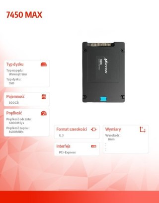 Micron Dysk SSD 7450 MAX 800GB NVMe U.3 7mm Single Pack