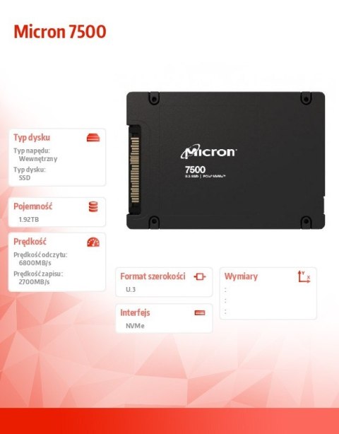 Micron Dysk SSD 7500PRO 1920GB NVMe U.3 15mm Single pack Micron Dysk SSD 7500PRO 1920GB NVMe U.3 15mm Single pack