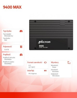 Micron Dysk SSD 9400 MAX 12800GB NVMe U.3 15mm Single Pack