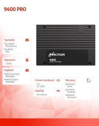 Micron Dysk SSD 9400 PRO 7680GB NVMe U.3 15mm Single Pack