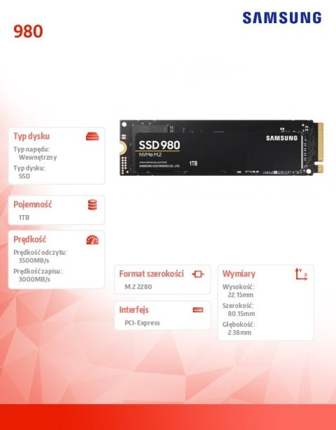 Samsung Dysk SSD 980 1TB Gen3.0x4 NVMeMZ-V8V1T0BW Samsung Dysk SSD 980 1TB Gen3.0x4 NVMeMZ-V8V1T0BW