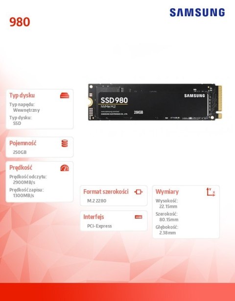 Samsung Dysk SSD 980 250GB Gen3.0x4 NVMeMZ-V8V250BW Samsung Dysk SSD 980 250GB Gen3.0x4 NVMeMZ-V8V250BW
