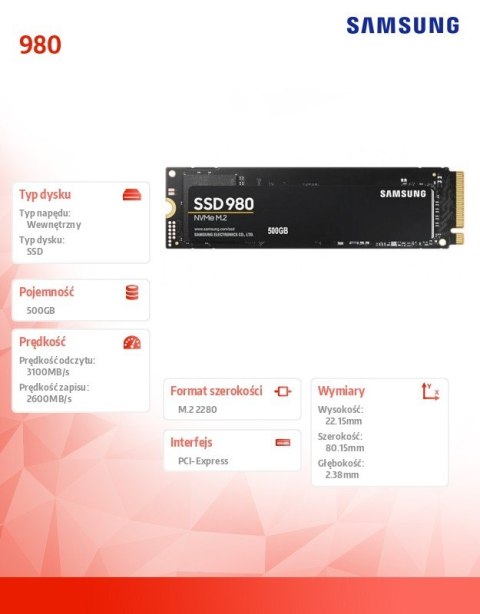 Samsung Dysk SSD 980 500GB Gen3.0x4 NVMeMZ-V8V500B Samsung Dysk SSD 980 500GB Gen3.0x4 NVMeMZ-V8V500B