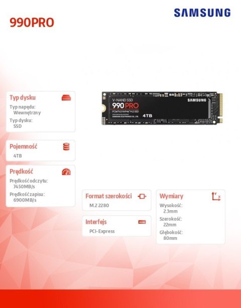 Samsung Dysk SSD 990PRO Gen4.0x4 NVMe 4TB MZ-V9P4T0BW Samsung Dysk SSD 990PRO Gen4.0x4 NVMe 4TB MZ-V9P4T0BW