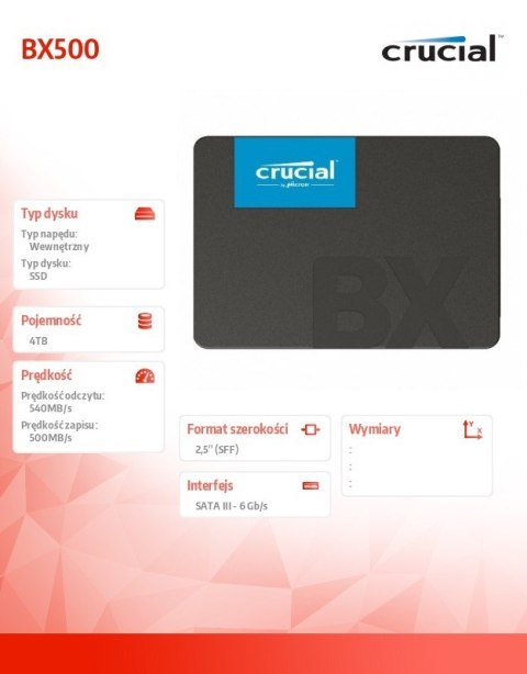 Crucial Dysk SSD BX500 4000GB SATA3 2.5 cala 540/500MB/s Crucial Dysk SSD BX500 4000GB SATA3 2.5 cala 540/500MB/s