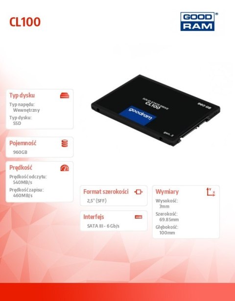 GOODRAM Dysk SSD CL100 G3 960GB SATA3 2,5 GOODRAM Dysk SSD CL100 G3 960GB SATA3 2,5