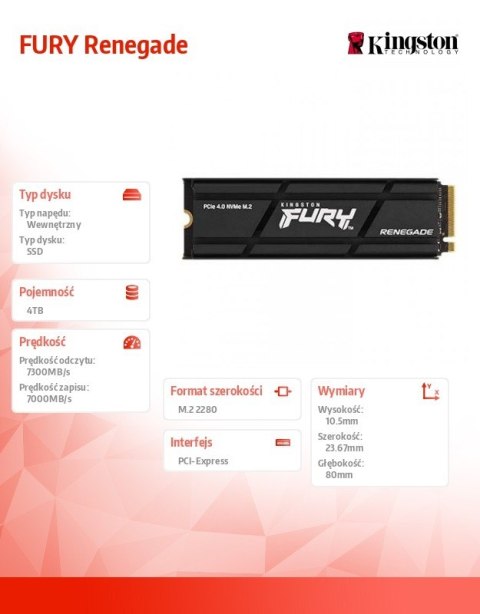 Kingston Dysk SSD FURY Renegade 4TB PCI-e 4.0 NVMe 7300/7000 Kingston Dysk SSD FURY Renegade 4TB PCI-e 4.0 NVMe 7300/7000