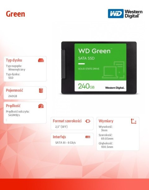 Western Digital Dysk SSD Green 240GB SATA 2,5 cala WDS240G3G0A Western Digital Dysk SSD Green 240GB SATA 2,5 cala WDS240G3G0A