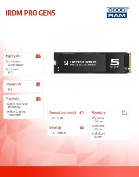 GOODRAM Dysk SSD IRDM PRO P54S Gen5 1TB 5x4 2280 5x4 2280 11500/9000MB/s