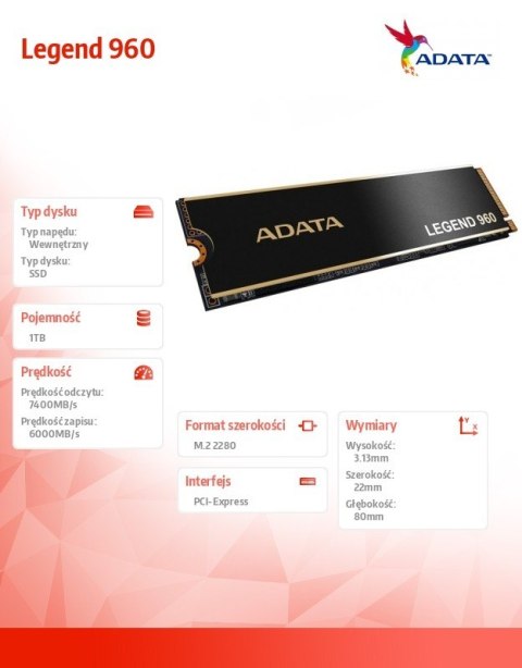 Adata Dysk SSD Legend 960 1TB PCIe 4x4 7.4/6 GB/s M2 Adata Dysk SSD Legend 960 1TB PCIe 4x4 7.4/6 GB/s M2